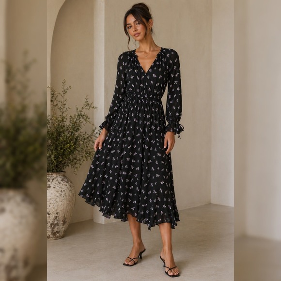 Akemi + Kin Anthropologie Maxi Dress Womens S Black White Geometric Red